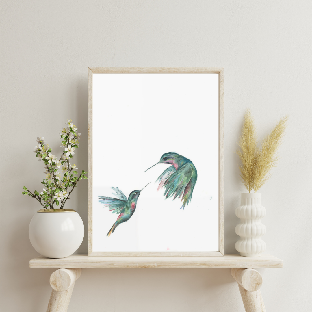 Pintura de acuarela de dos colibríes verdes, par de pájaros voladores