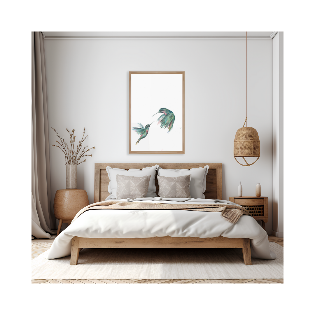 Pintura de acuarela de dos colibríes verdes, par de pájaros voladores