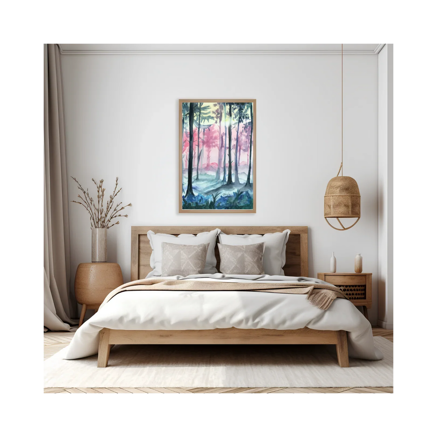 Minimalist bedroom with wooden bed, white bedding, beige pillows, wicker pendant light, and colorful forest painting