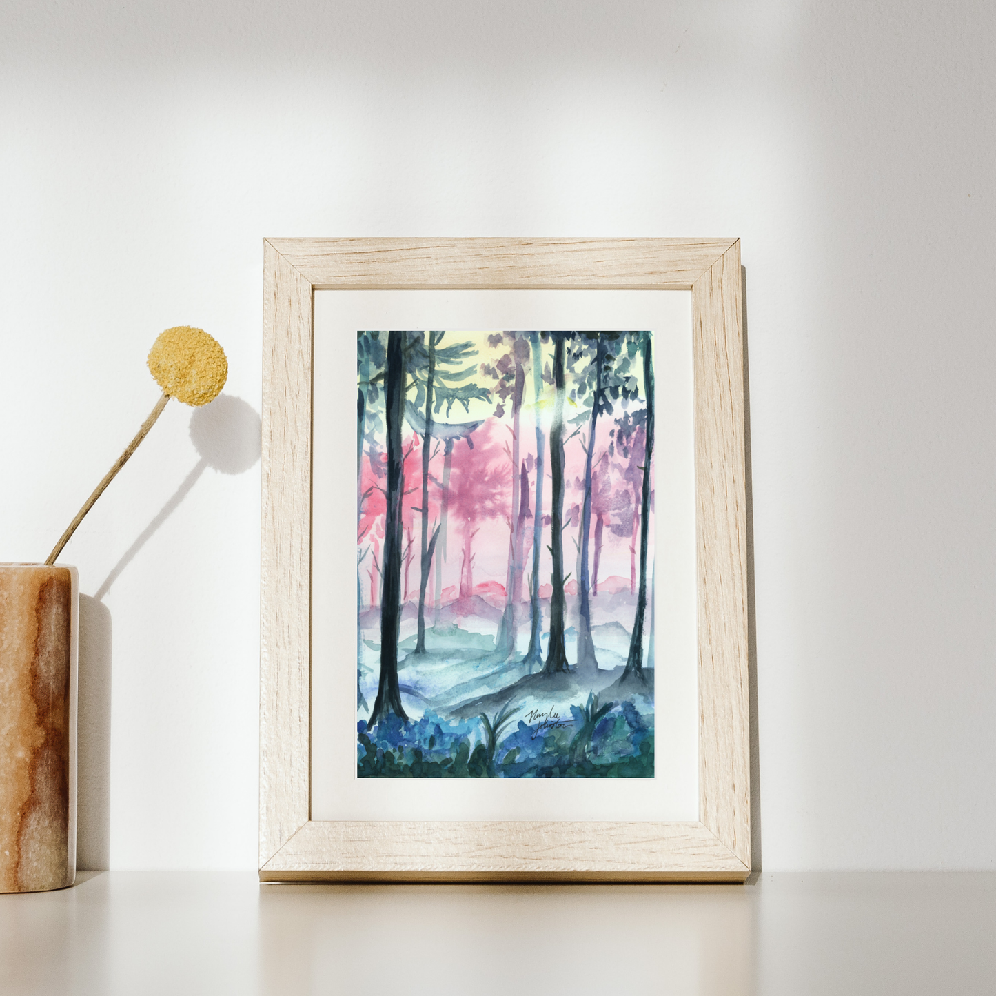 Impresión de acuarela del bosque de fantasía, pintura mágica del bosque