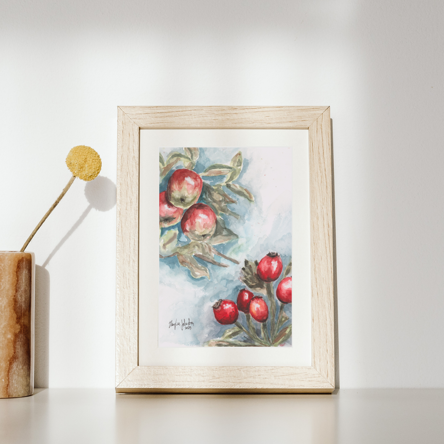Red Apples and Rosehips Watercolor, Giclée Print of Original Work, Cottage Artwork