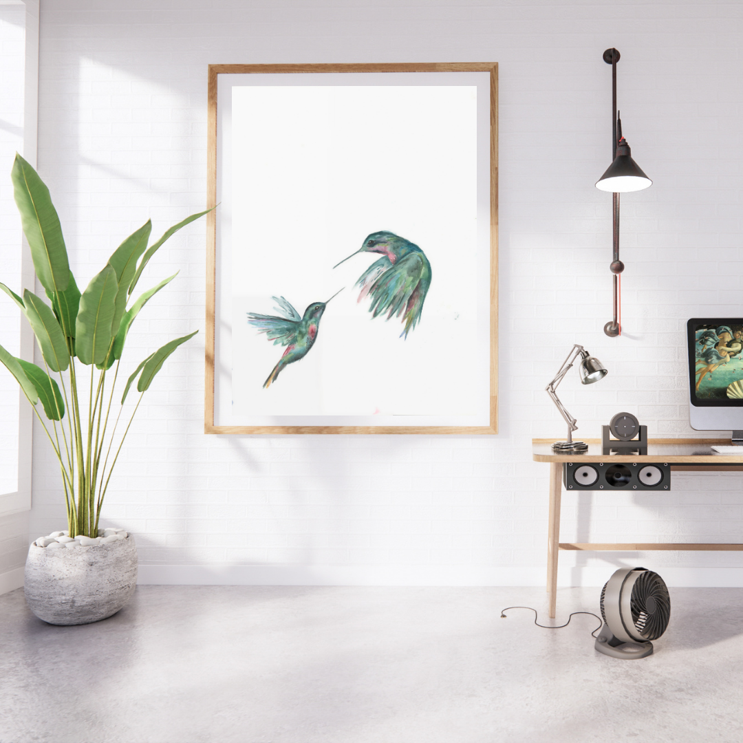 Pintura de acuarela de dos colibríes verdes, par de pájaros voladores