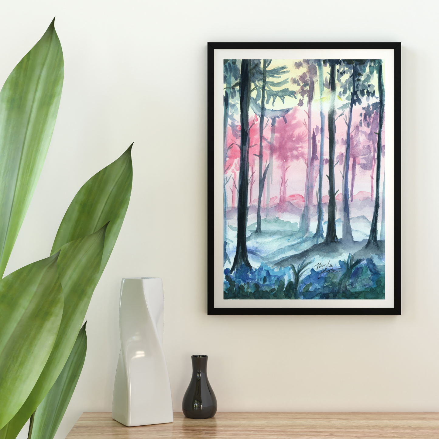 Impresión de acuarela del bosque de fantasía, pintura mágica del bosque