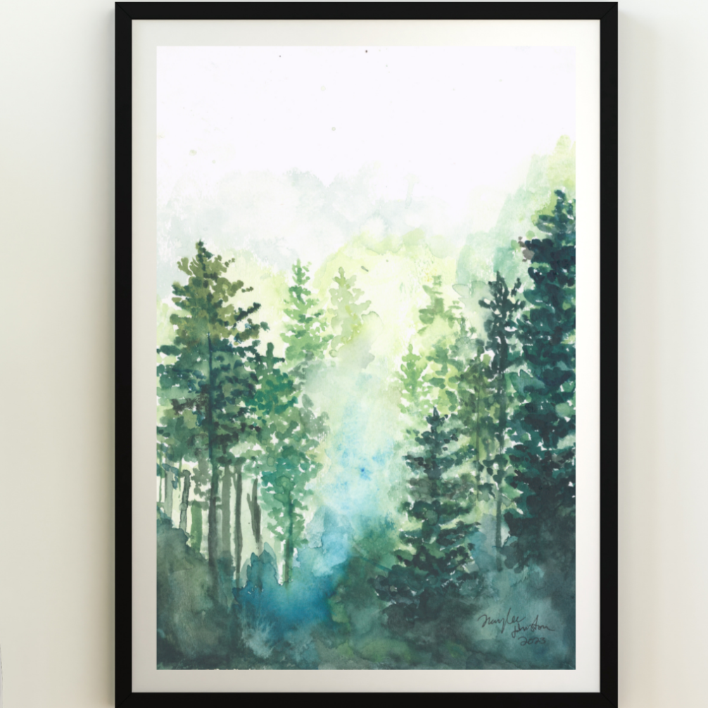 Foggy Morning Forest Painting, Print of Original Sunset Watercolor Artwork