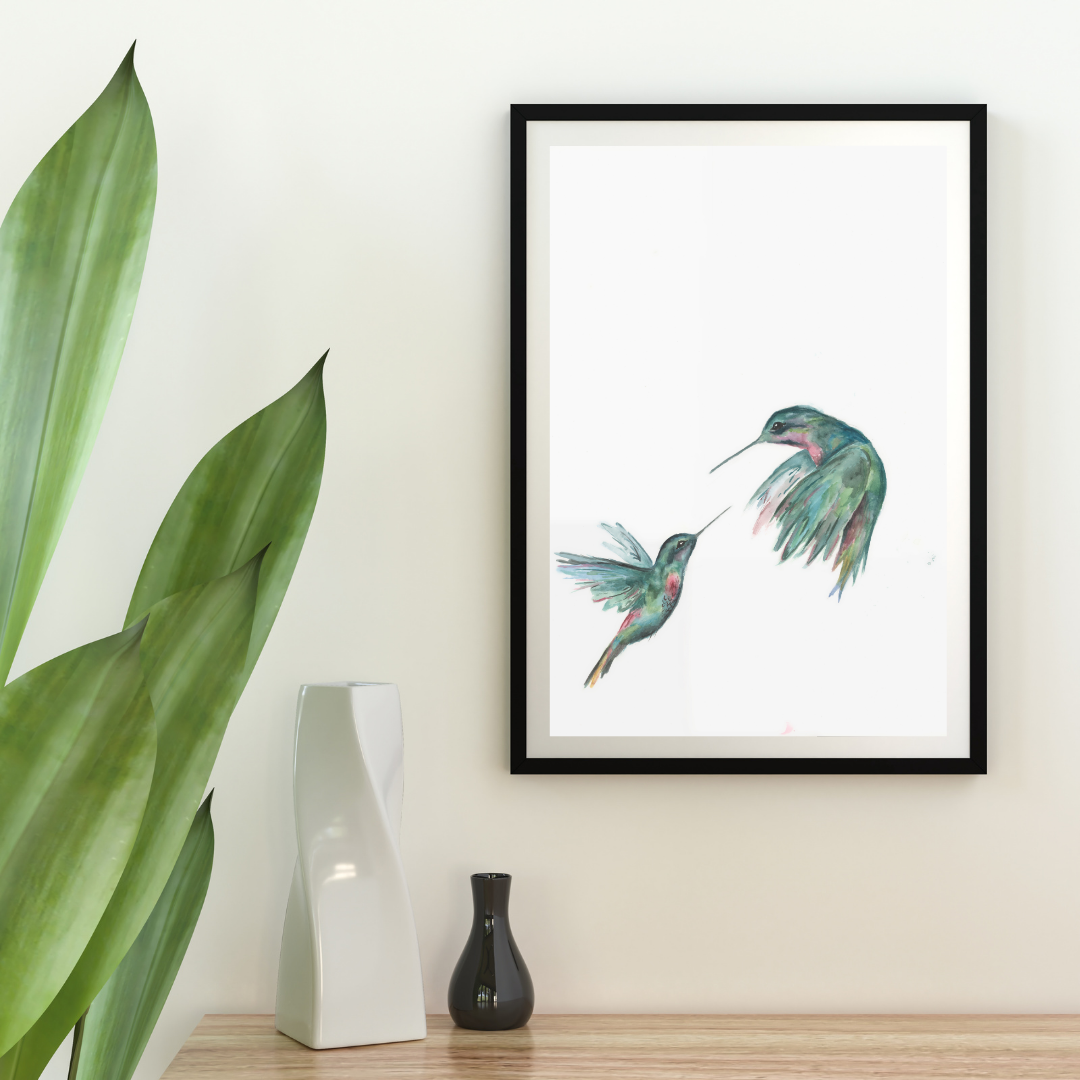 Pintura de acuarela de dos colibríes verdes, par de pájaros voladores