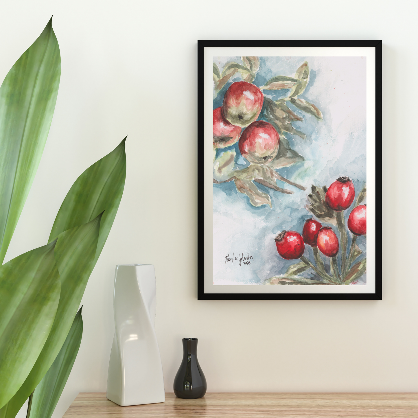 Red Apples and Rosehips Watercolor, Giclée Print of Original Work, Cottage Artwork
