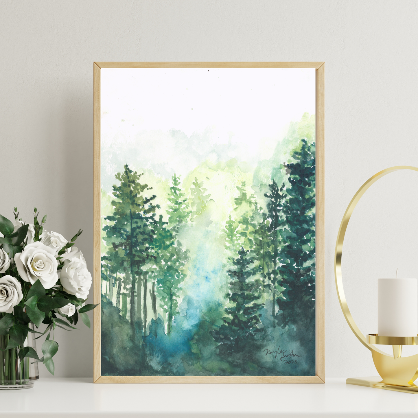 Foggy Morning Forest Painting, Print of Original Sunset Watercolor Artwork
