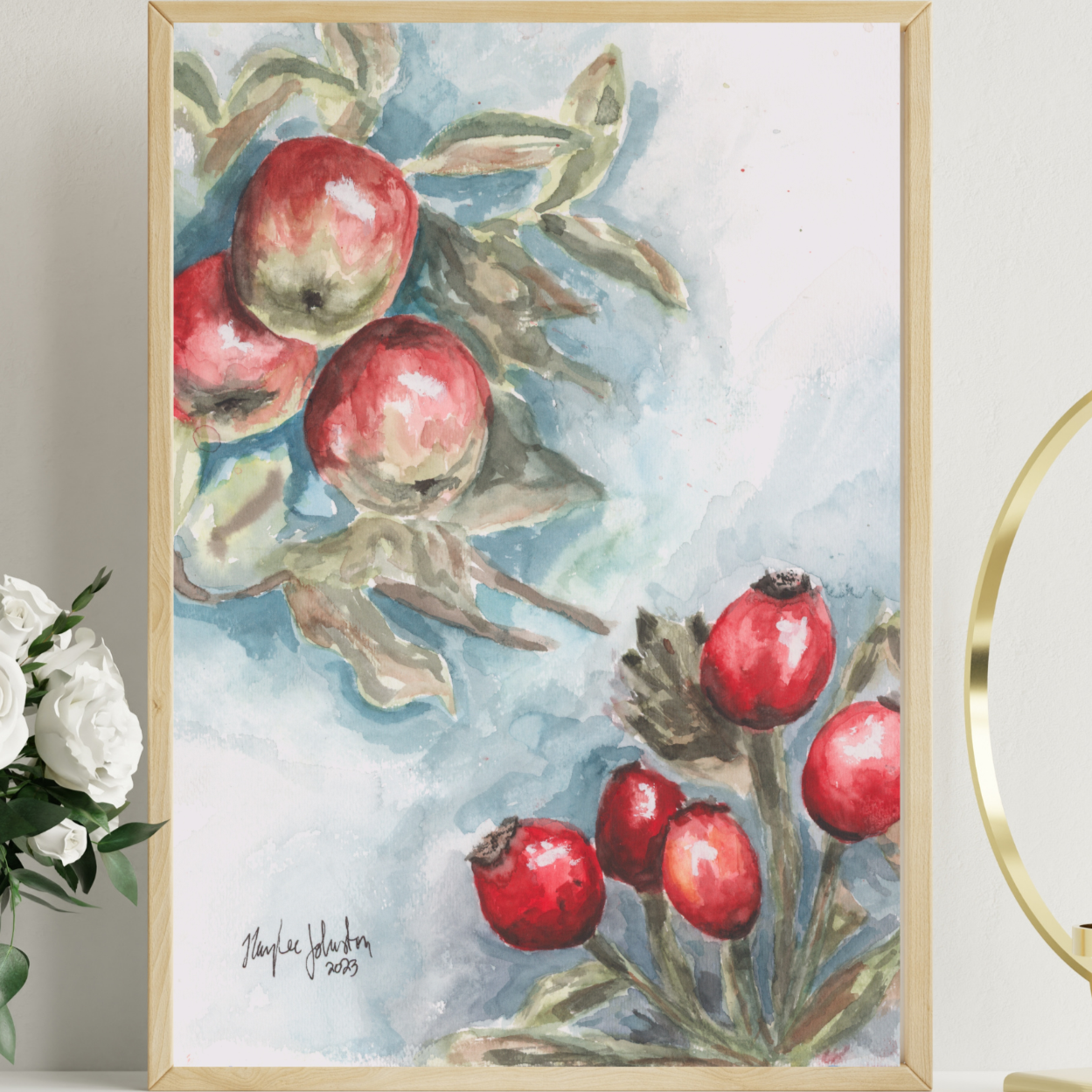 Red Apples and Rosehips Watercolor, Giclée Print of Original Work, Cottage Artwork