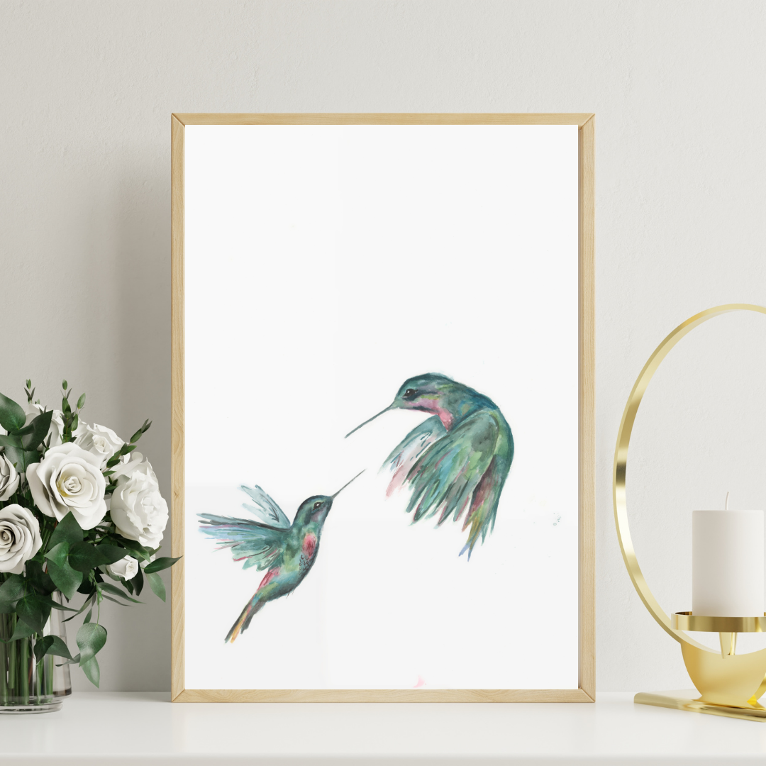 Pintura de acuarela de dos colibríes verdes, par de pájaros voladores