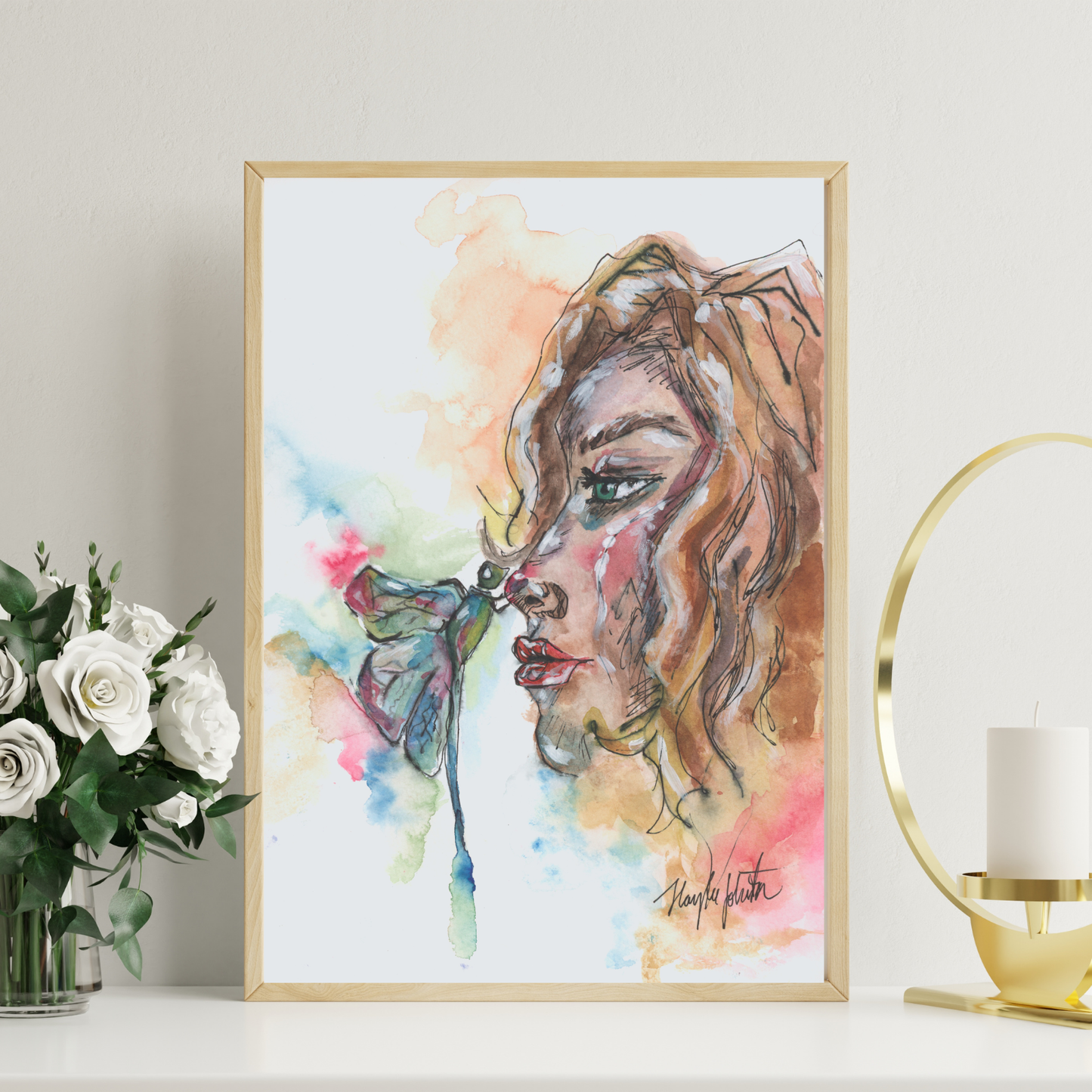 Woman with Dragonfly Print of Original, Blonde Girl Watercolor Painting