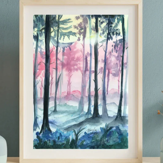 Framed watercolor painting of a misty forest with tall trees and vibrant blue and pink tones