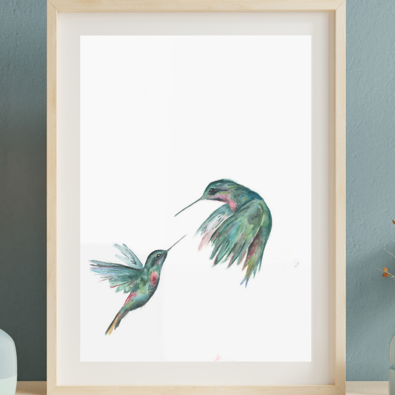 Pintura de acuarela de dos colibríes verdes, par de pájaros voladores