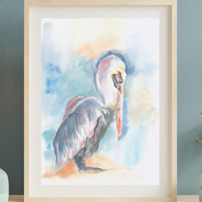 Pelican Print from Original Watercolor Painting, Abstract Wall Art, Home Decor for Bird Lover