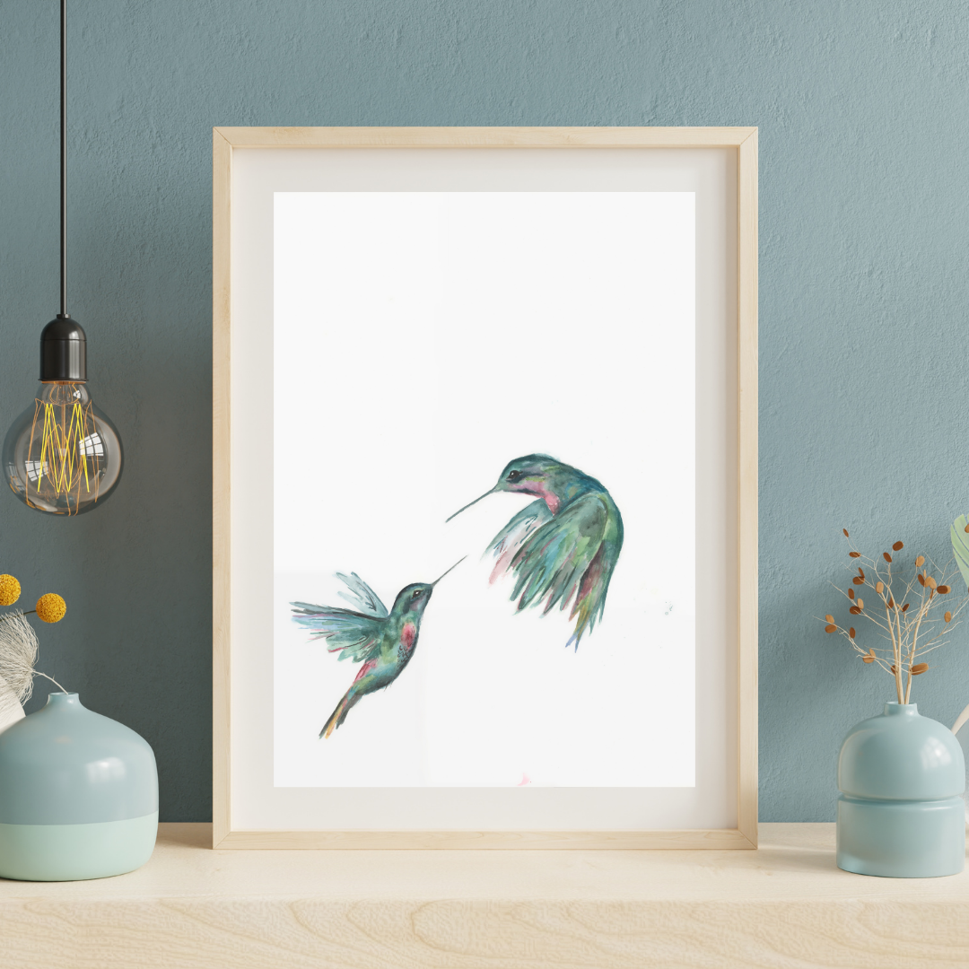 Pintura de acuarela de dos colibríes verdes, par de pájaros voladores