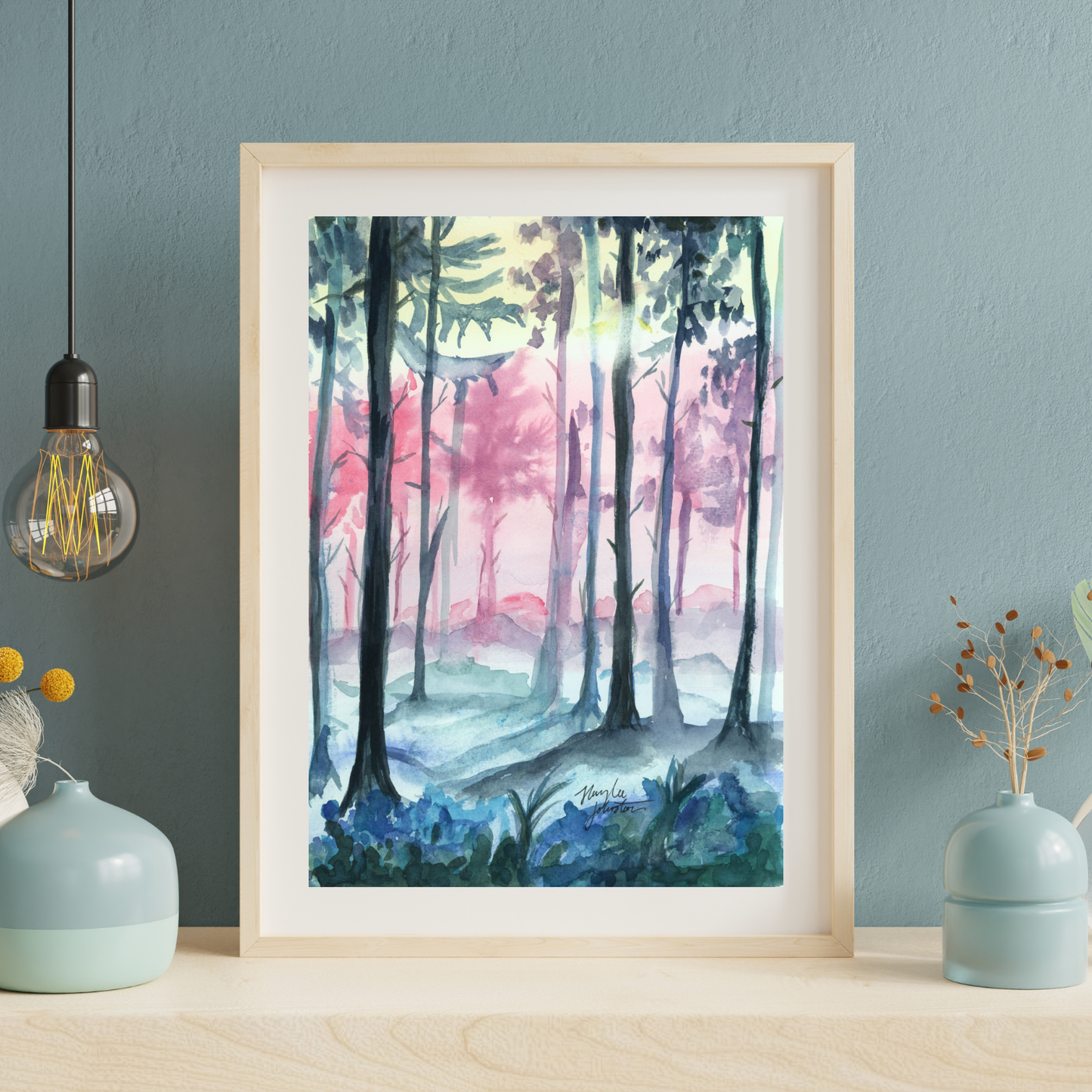 Impresión de acuarela del bosque de fantasía, pintura mágica del bosque
