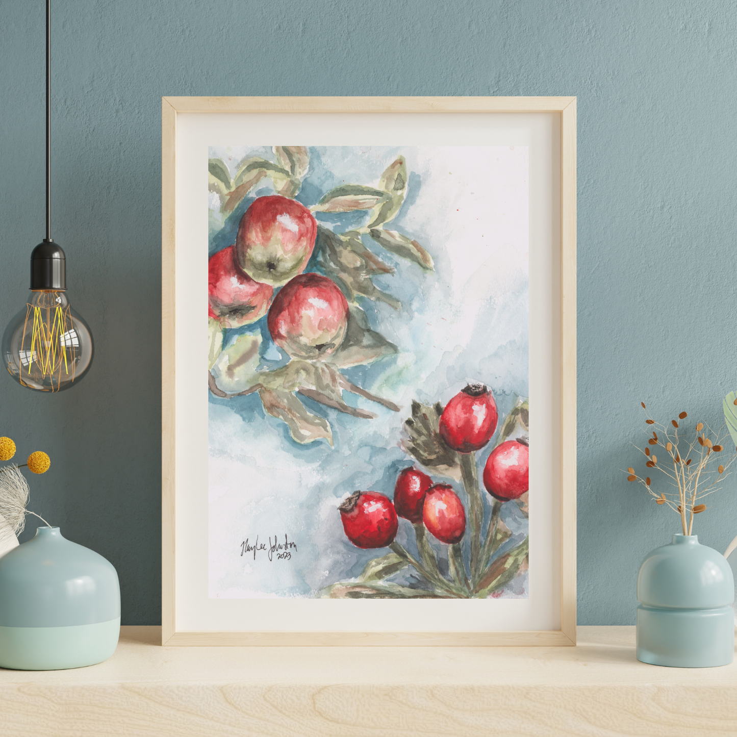 Red Apples and Rosehips Watercolor, Giclée Print of Original Work, Cottage Artwork