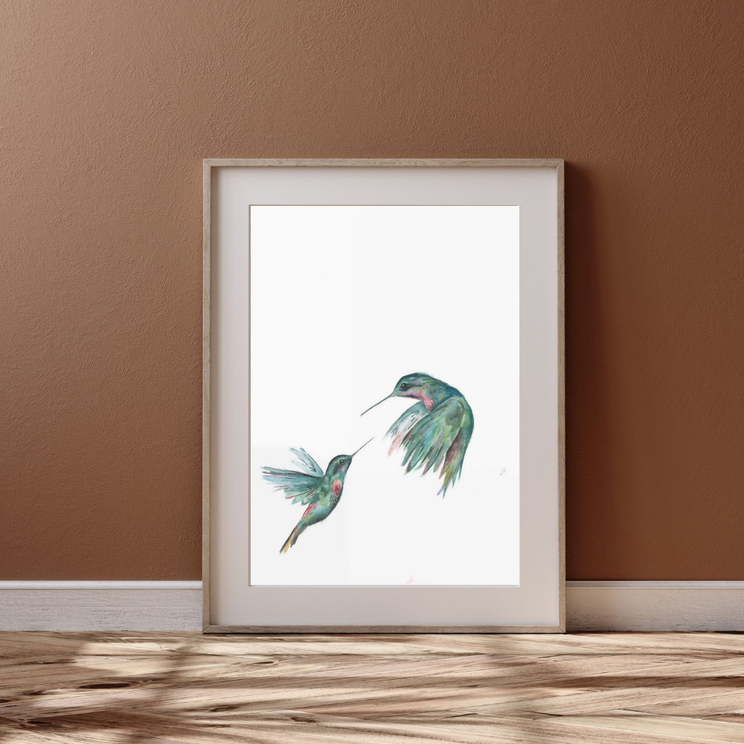 Pintura de acuarela de dos colibríes verdes, par de pájaros voladores