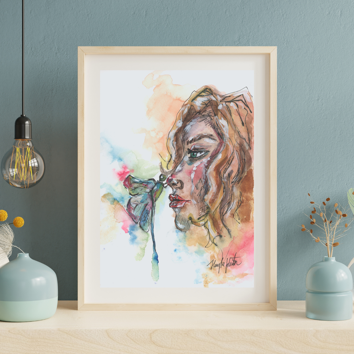 Woman with Dragonfly Print of Original, Blonde Girl Watercolor Painting