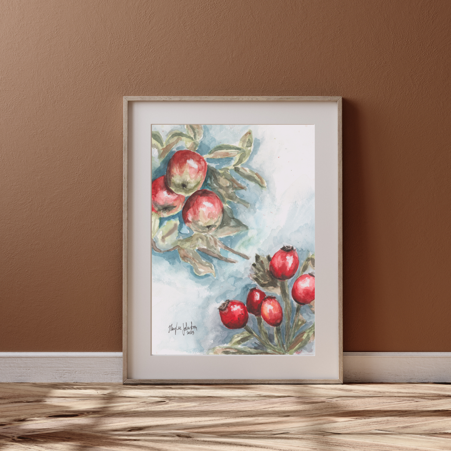Red Apples and Rosehips Watercolor, Giclée Print of Original Work, Cottage Artwork