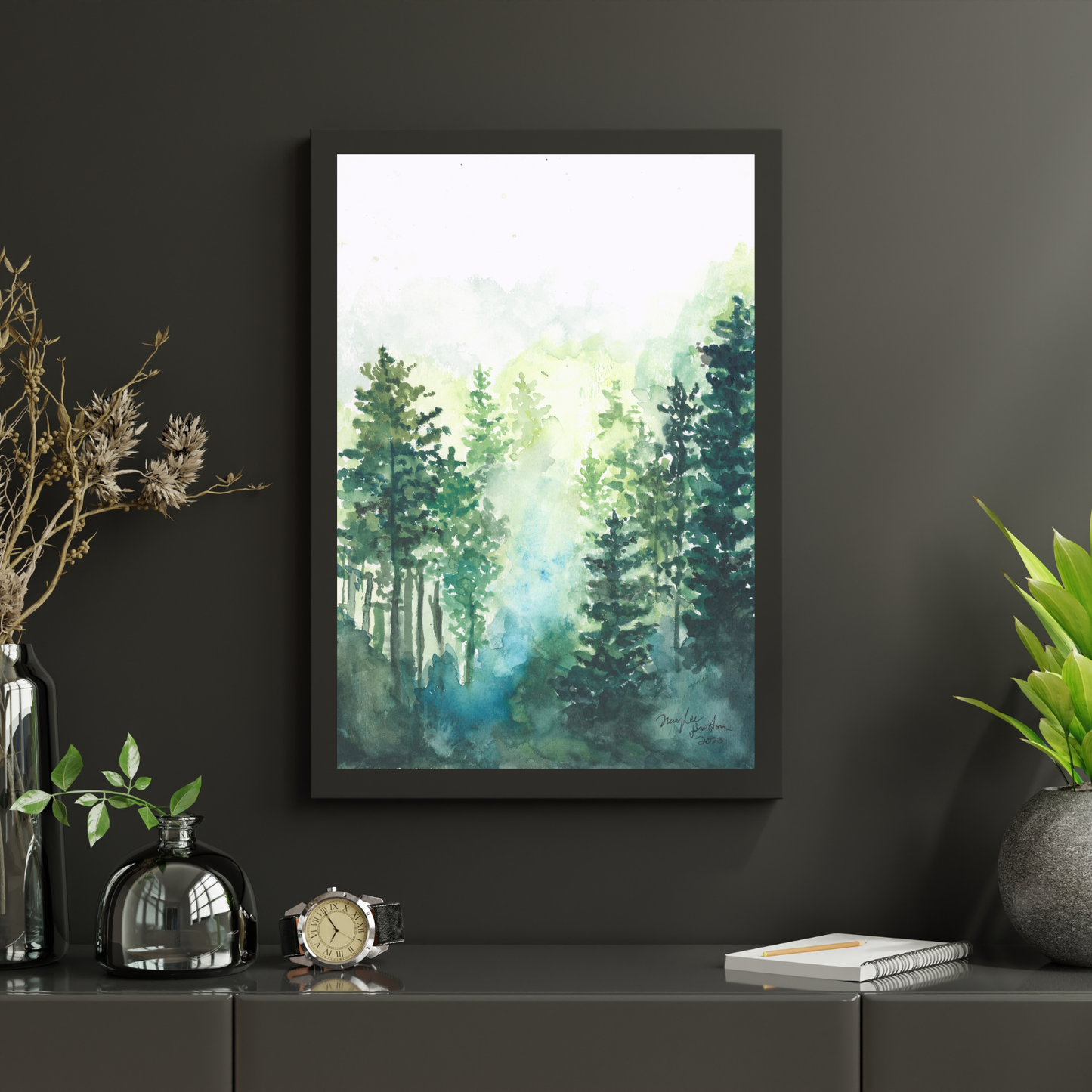 Foggy Morning Forest Painting, Print of Original Sunset Watercolor Artwork