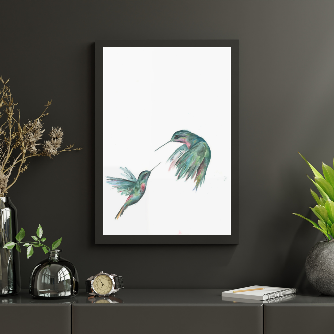 Pintura de acuarela de dos colibríes verdes, par de pájaros voladores