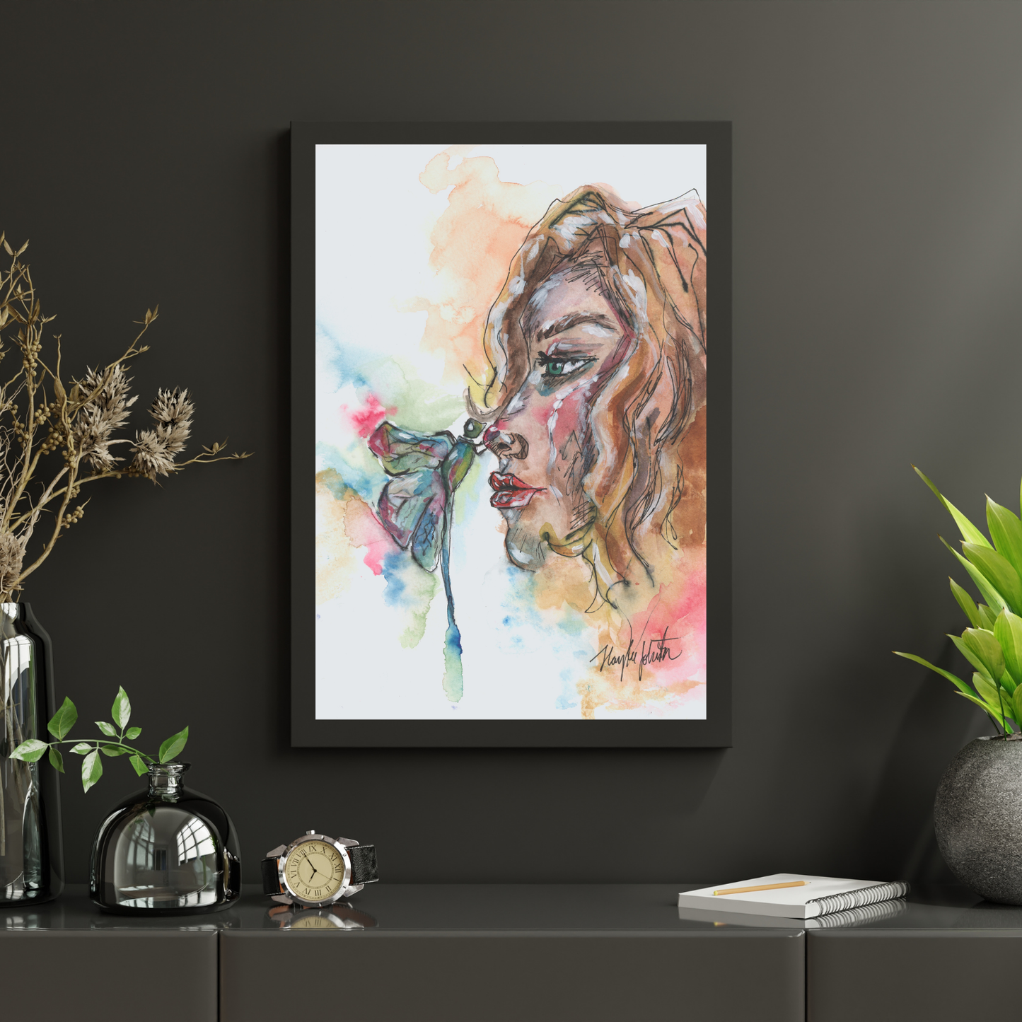 Woman with Dragonfly Print of Original, Blonde Girl Watercolor Painting