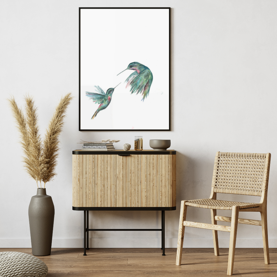 Pintura de acuarela de dos colibríes verdes, par de pájaros voladores