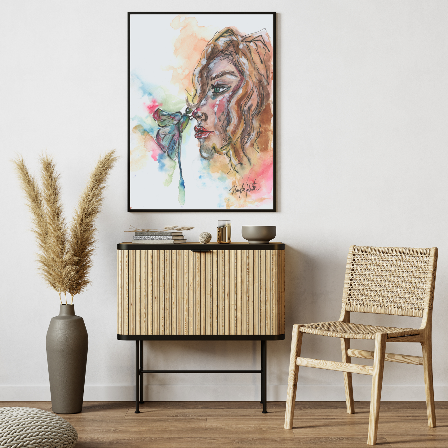 Woman with Dragonfly Print of Original, Blonde Girl Watercolor Painting