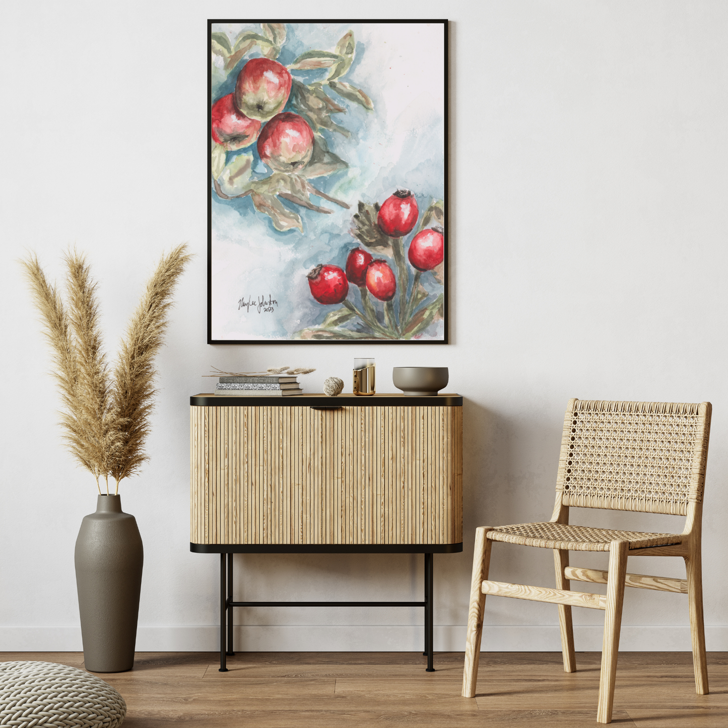 Red Apples and Rosehips Watercolor, Giclée Print of Original Work, Cottage Artwork