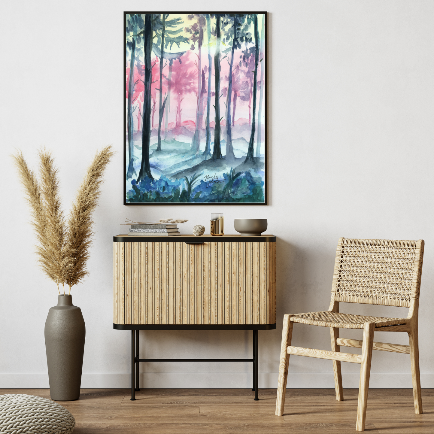 Impresión de acuarela del bosque de fantasía, pintura mágica del bosque