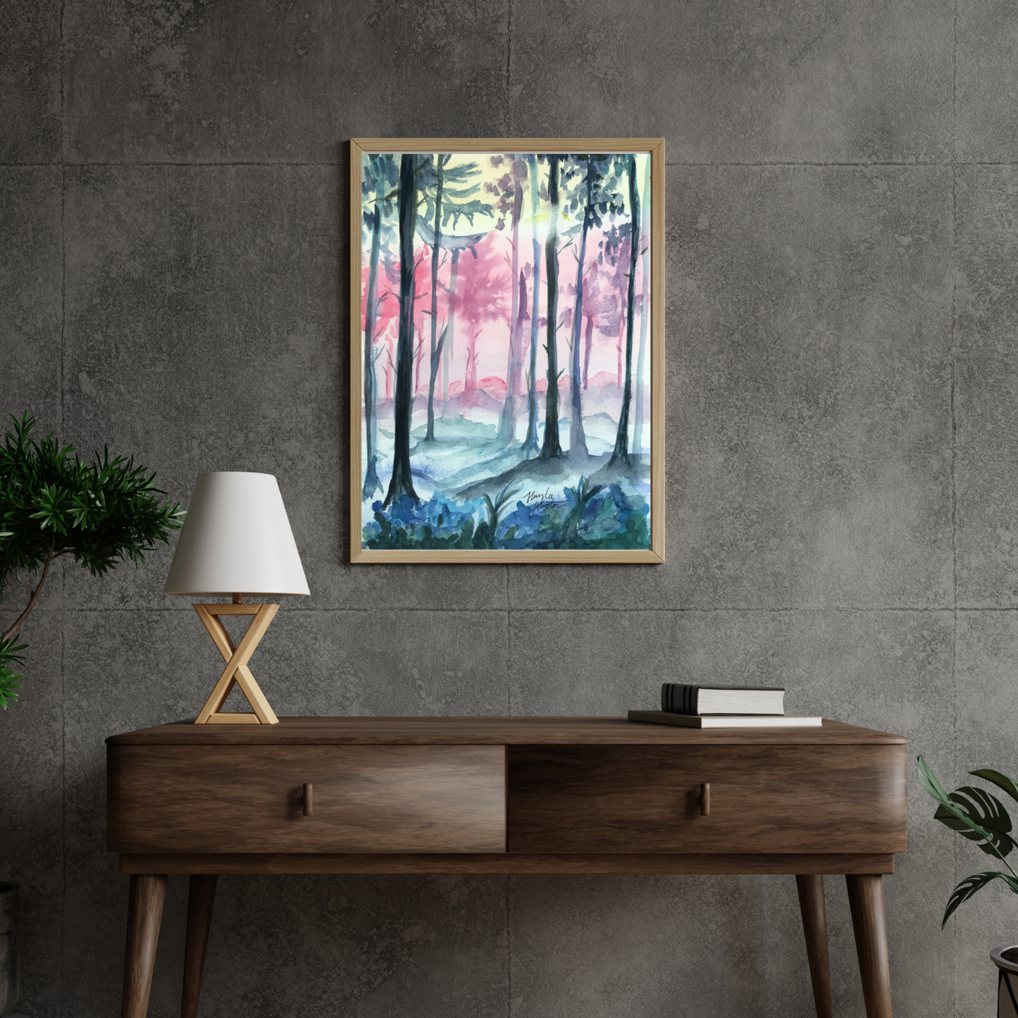 Impresión de acuarela del bosque de fantasía, pintura mágica del bosque