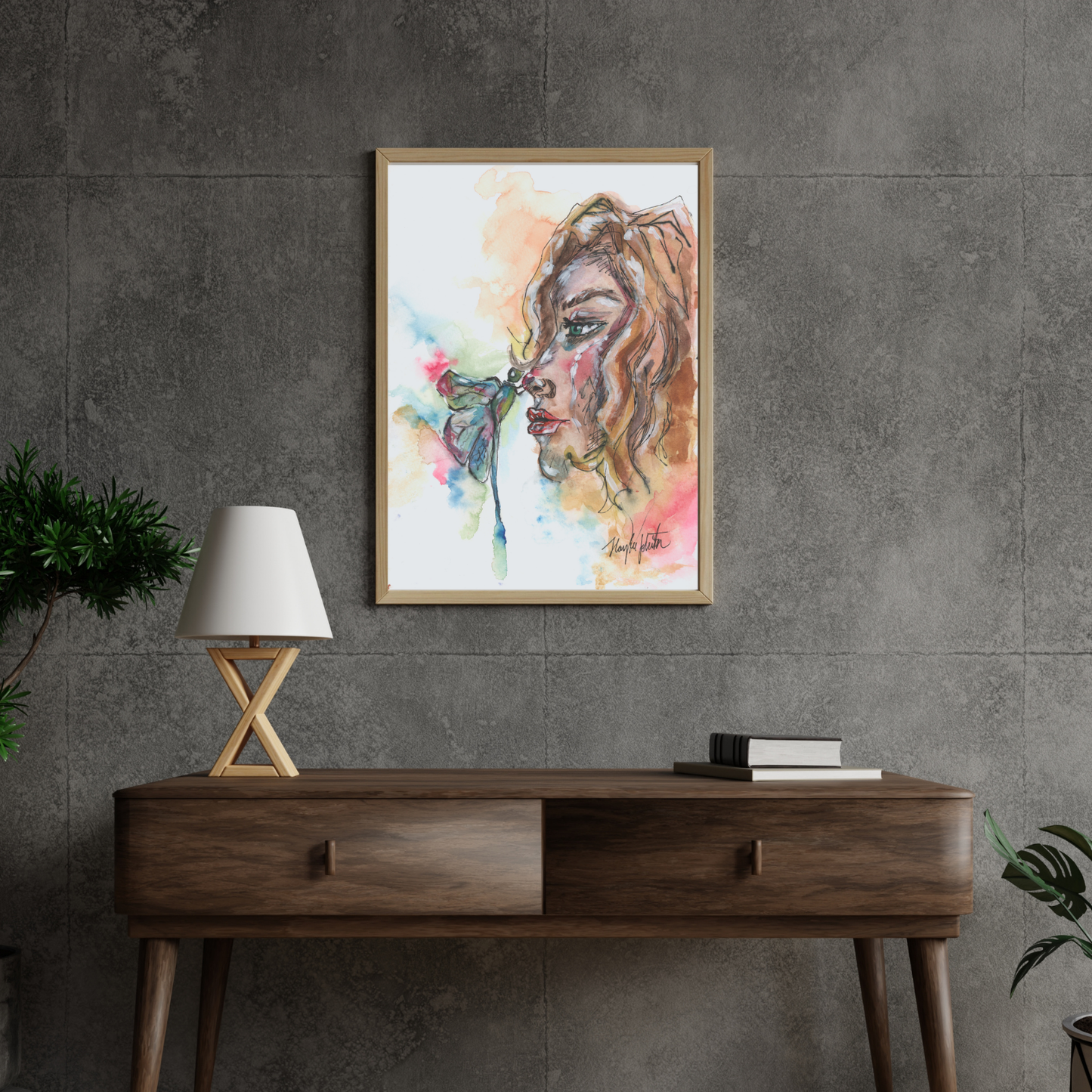 Woman with Dragonfly Print of Original, Blonde Girl Watercolor Painting