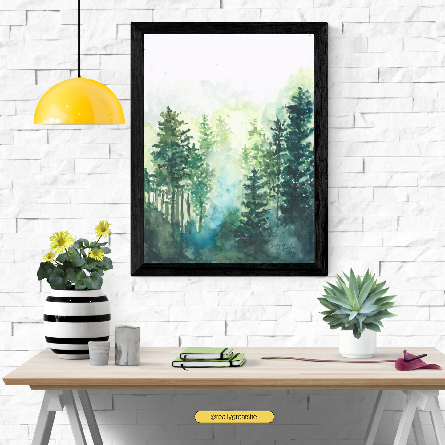 Foggy Morning Forest Painting, Print of Original Sunset Watercolor Artwork