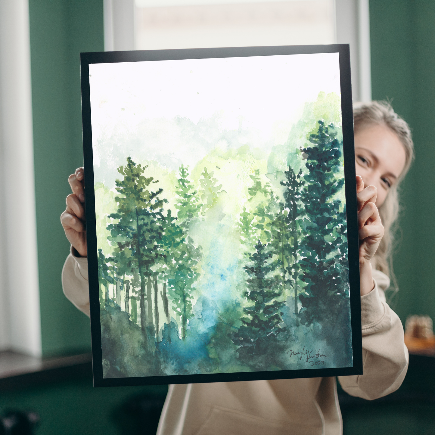 Foggy Morning Forest Painting, Print of Original Sunset Watercolor Artwork