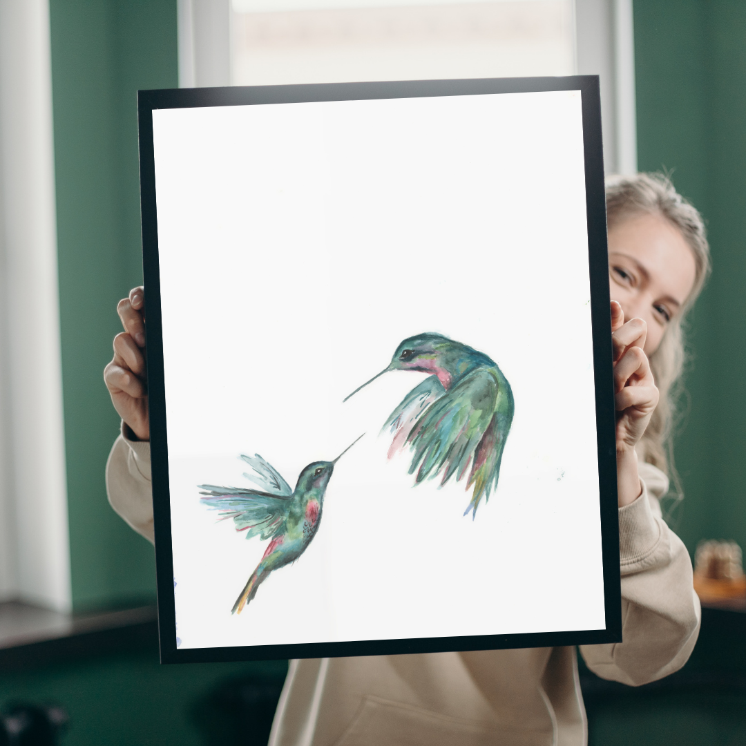 Pintura de acuarela de dos colibríes verdes, par de pájaros voladores