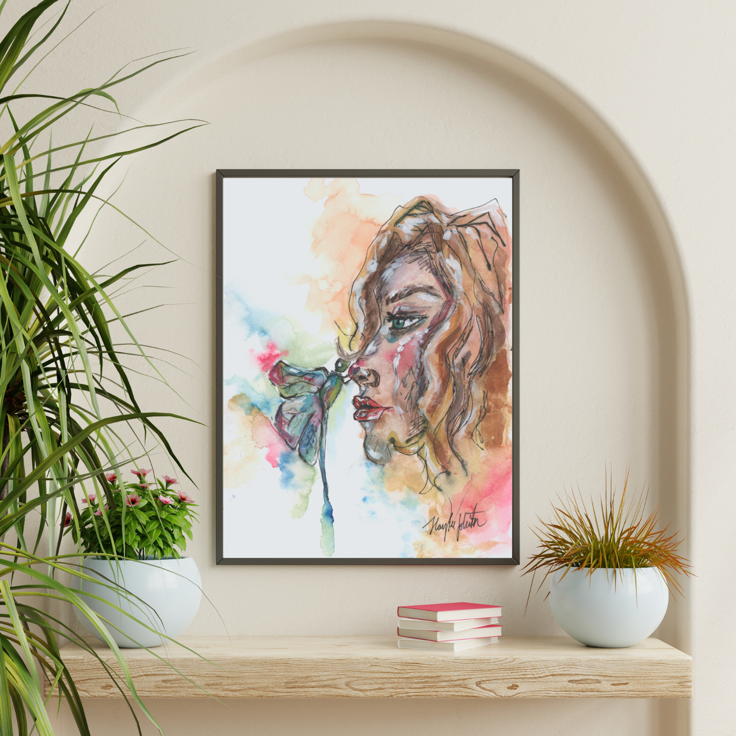 Woman with Dragonfly Print of Original, Blonde Girl Watercolor Painting