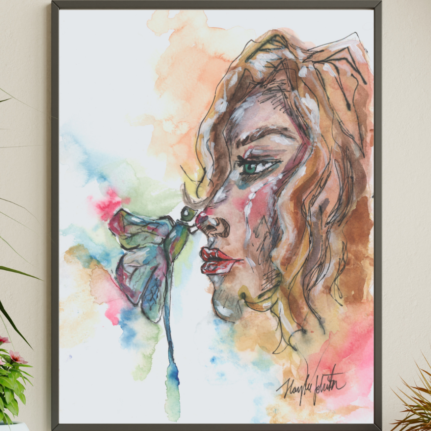Woman with Dragonfly Print of Original, Blonde Girl Watercolor Painting