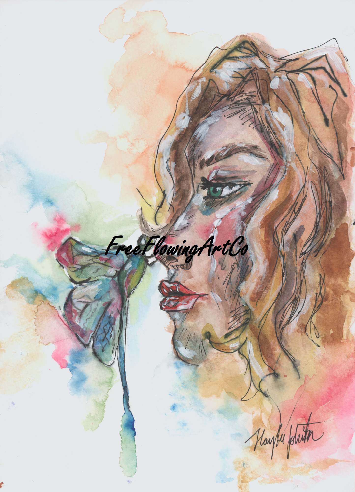 Woman with Dragonfly Print of Original, Blonde Girl Watercolor Painting