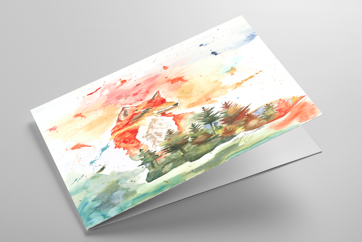 Folding greeting card featuring original watercolor piece Forest Fox laying down showing cardstock thickness and blank inside.