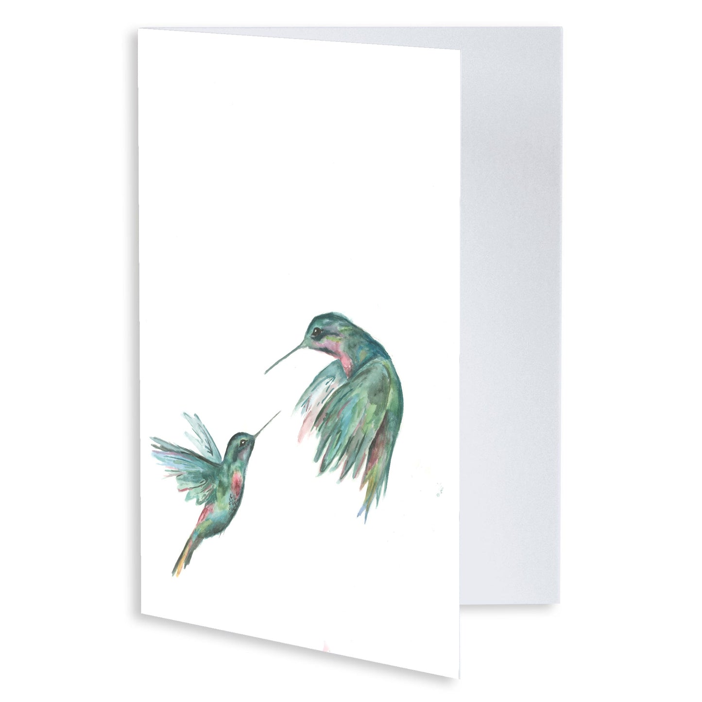 Folding cardstock greeting card featuring original watercolor piece Hummingbird Duel slightly open to display the empty inside.
