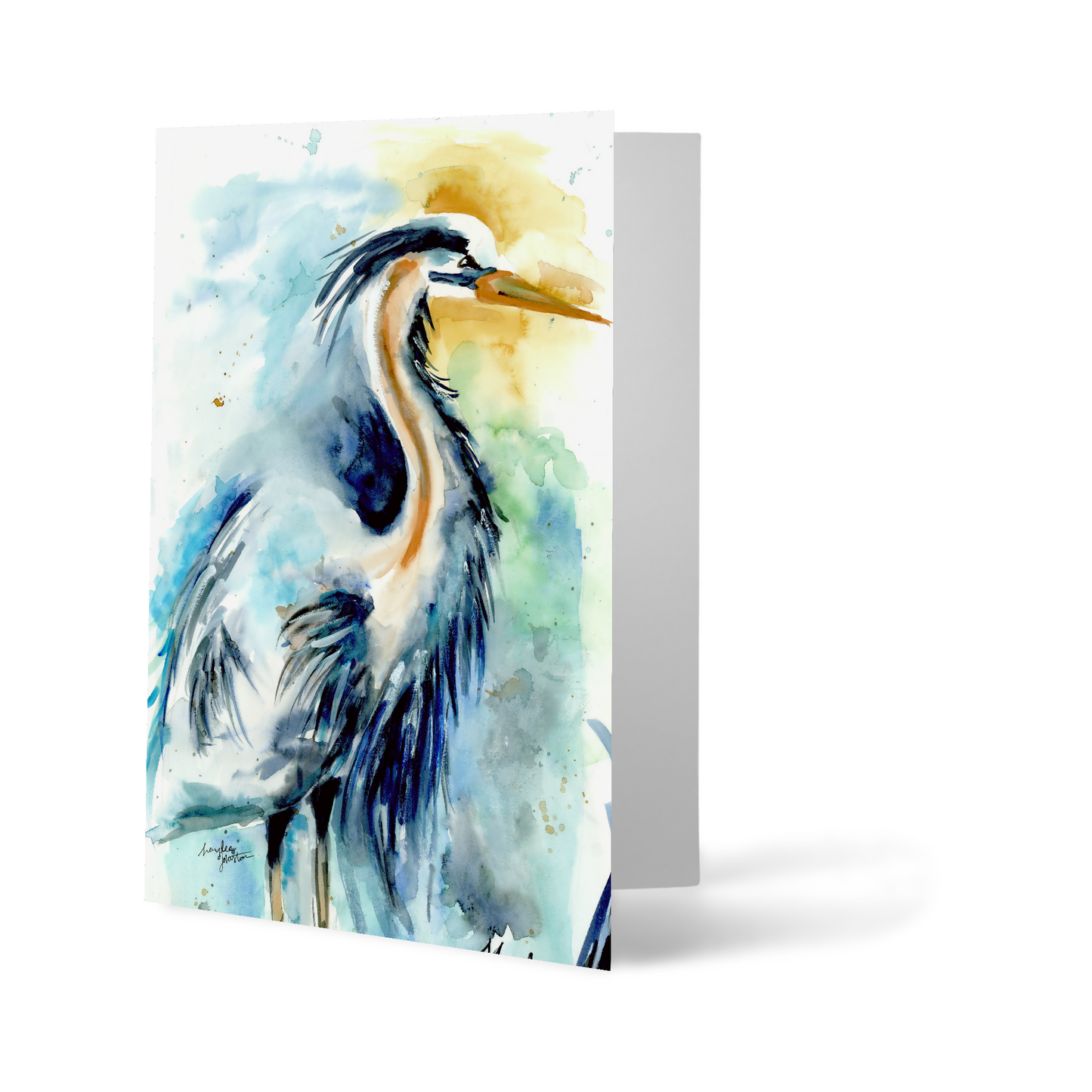 Folding cardstock greeting card featuring original watercolor piece Male Heron standing upright.
