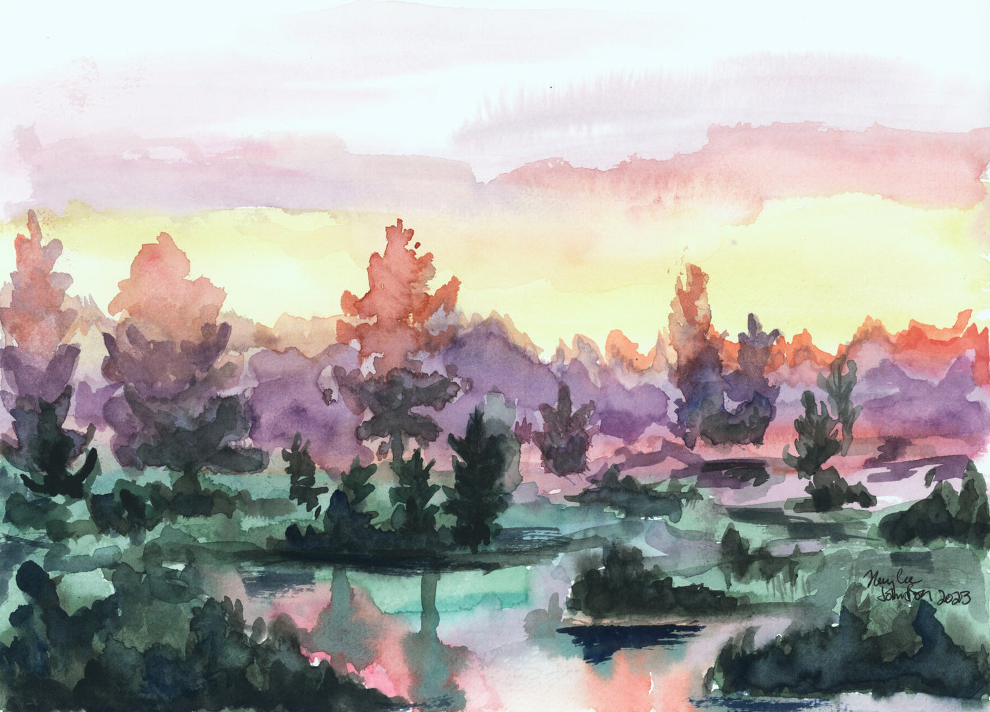 A watercolor painting of a vibrant sunrise over a lake. The sky turns from pink, to yellow, to deep purple in the trees. The water has small clumps of land with a handful of trees reflecting on the water.