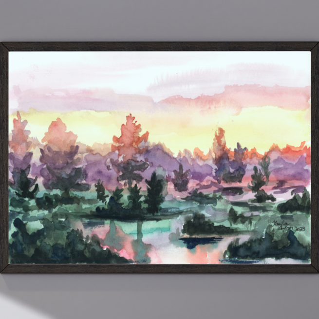 A watercolor painting of a vibrant sunrise over a lake. The sky turns from pink, to yellow, to deep purple in the trees. The water has small clumps of land with a handful of trees reflecting on the water. The painting is in a black frame on a grey wall.