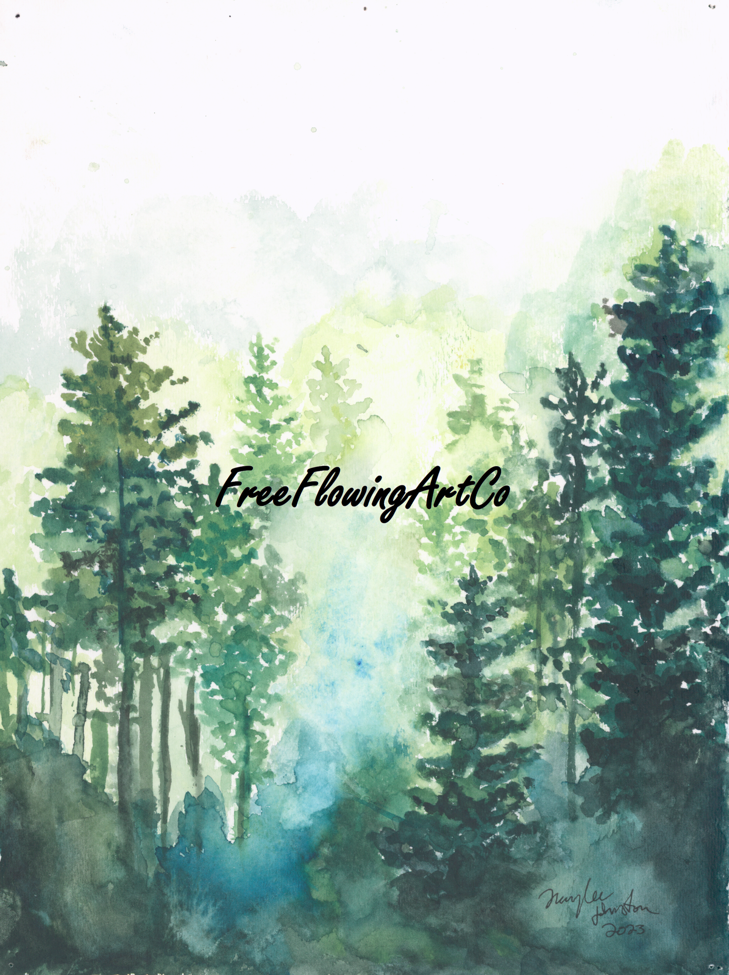 Foggy Morning Forest Painting, Print of Original Sunset Watercolor Artwork