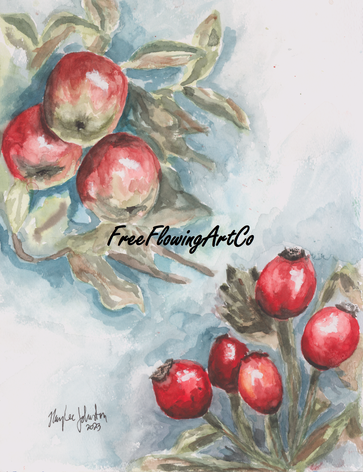 Red Apples and Rosehips Watercolor, Giclée Print of Original Work, Cottage Artwork
