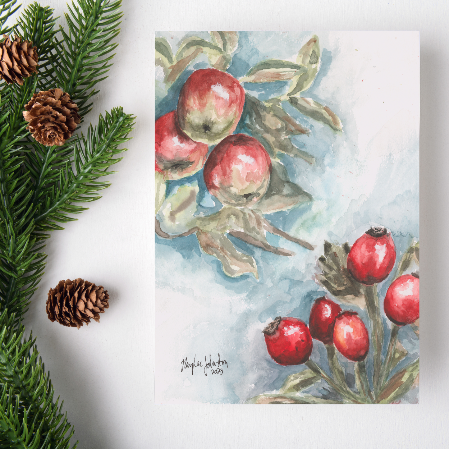 Note Card and Envelope Bundle - Red Apples and Rosehips - 5 1/8 x 7 - A7