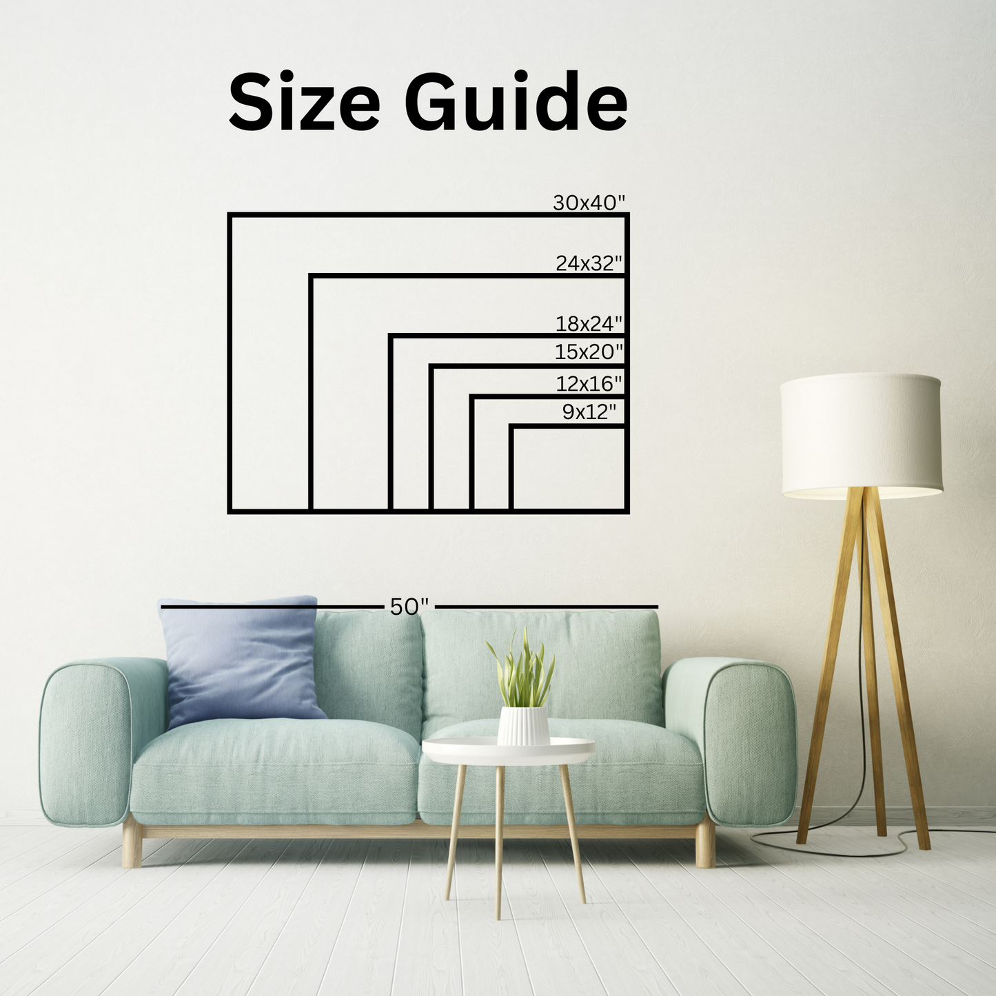 A size chart for 3:4 ratio landscape pictures. The size guide works for picture frames, art, and posters. A loveseat is depicted with measurements for scale. Sizes are 9x12, 12x16, 15x20, 18x24, 24x32, 30x40.