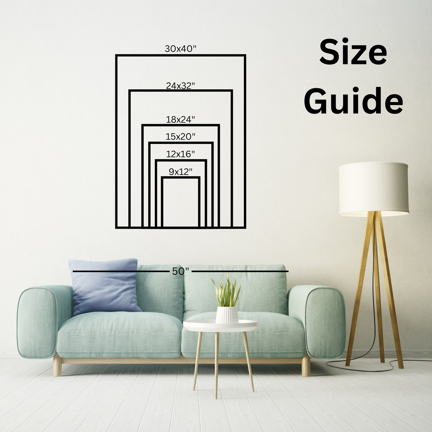 A size chart for 3:4 ratio landscape pictures. The size guide works for picture frames, art, and posters. A loveseat is depicted with measurements for scale. Sizes are 12x9, 16x12, 20x15, 24x18, 32x24, 40x30.