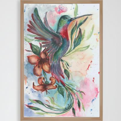 Watercolor painting of a colorful hummingbird with flowers and green foliage on a pastel background