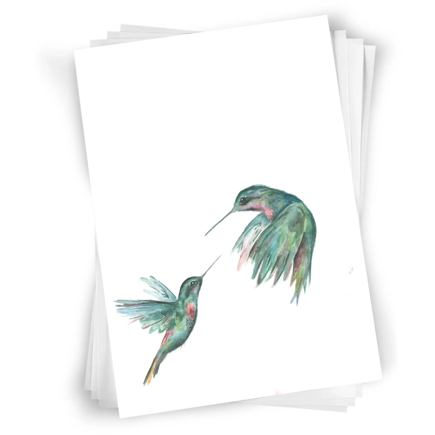 Watercolor painting of two colorful hummingbirds in mid-flight on white background